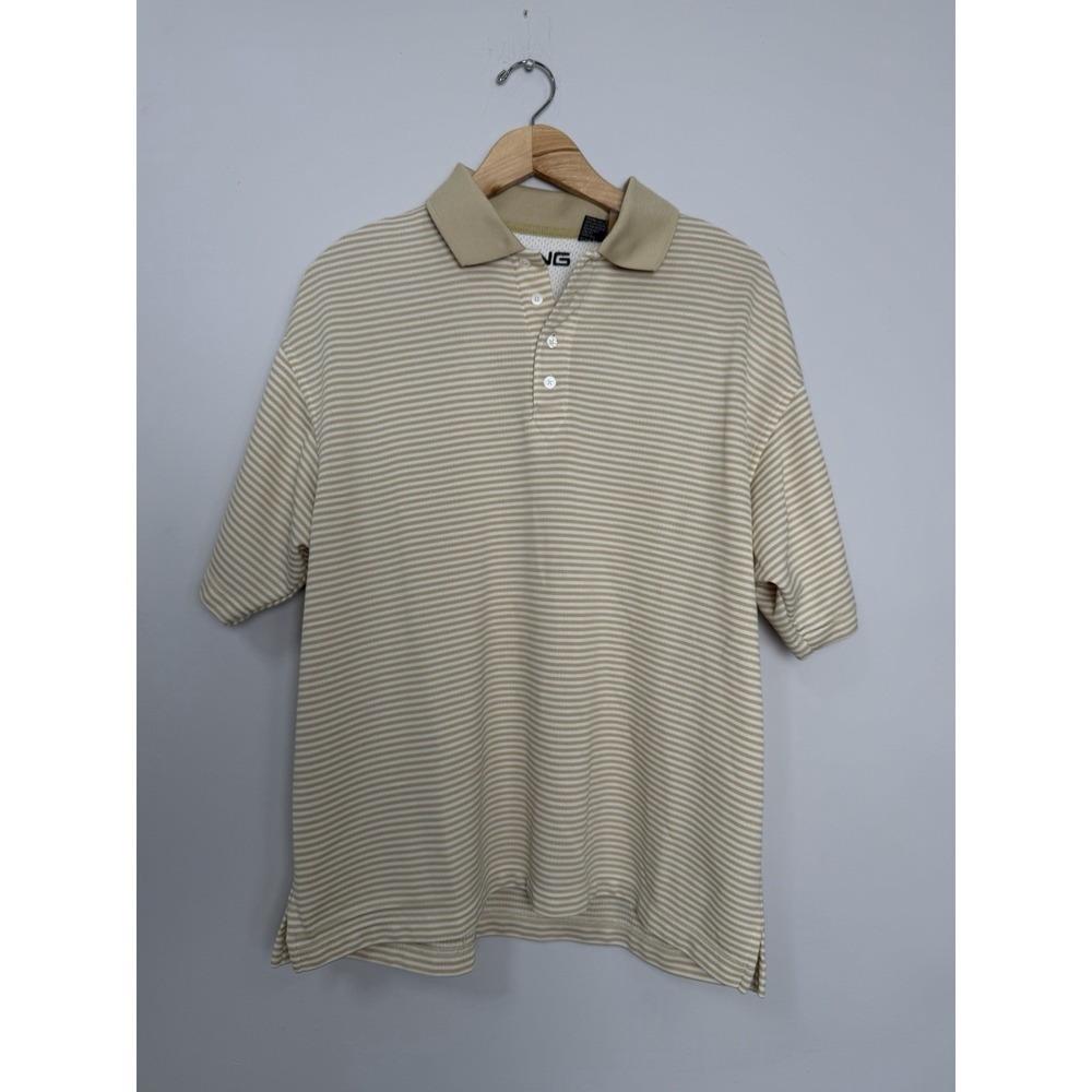 Mens PING Golf Polo Tee Short Sleeve Collared Shirt Tan‎ & White Striped Large